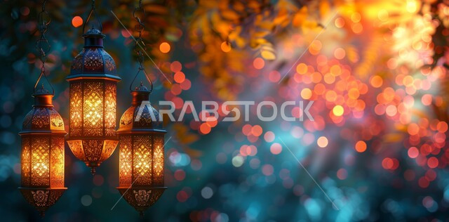 أنوار و ديكورات وزينة الاحتفالات بالمناسبات و الأعياد الدينية الإسلامية, الاستعداد لاستقبال الشهر الفضيل, مجموعة من الفوانيس المزخرفة المعدني المضيئة المعلقة, البهجة بقدوم رمضان المبارك, أضواء و مصابيح عربية تقليدية, الأجواء الروحانية في الأيام الفضيلة