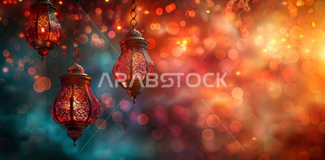 أنوار و ديكورات وزينة الاحتفالات بالمناسبات و الأعياد الدينية الإسلامية, الاستعداد لاستقبال الشهر الفضيل, مجموعة من الفوانيس المزخرفة المعدني المضيئة المعلقة, البهجة بقدوم رمضان المبارك, أضواء و مصابيح عربية تقليدية, الأجواء الروحانية في الأيام الفضيلة