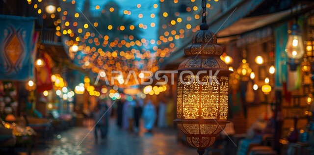 أنوار و ديكورات وزينة الاحتفالات بالمناسبات و الأعياد الدينية الإسلامية, الاستعداد لاستقبال الشهر الفضيل, مجموعة من الفوانيس المزخرفة المعدني المضيئة المعلقة, البهجة بقدوم رمضان المبارك, أضواء و مصابيح عربية تقليدية, الأجواء الروحانية في الأيام الفضيلة
