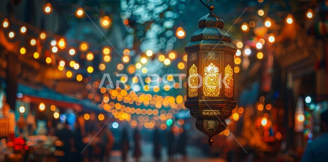 Lights, decorations and ornaments for celebrations of Islamic religious occasions and holidays, preparing to receive the holy month, a group of hanging illuminated metal decorative lanterns, the joy of the arrival of the blessed Ramadan, traditional Arabic lights and lamps, the spiritual atmosphere in the holy days