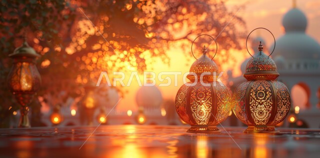 مجموعة من الفوانيس المزخرفة المعدني المضيئة, ديكورات وزينة و أنوار الاحتفالات بالمناسبات و الأعياد الدينية الإسلامية, البهجة بقدوم رمضان المبارك, أضواء و مصابيح عربية تقليدية, الأجواء الروحانية في الأيام الفضيلة, الاستعداد لاستقبال الشهر الفضيل