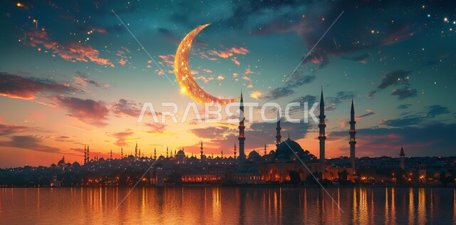 منظر السماء المرصعه بالنجوم مع القمر المضيء ليلا, العبادة والتقرب إلى الله تعالى, زينة الاعياد والمناسبات الدينية, قدوم شهر الخير, رسوم توضيحية ثلاثية الابعاد للمآذن والقبب للمساجد الإسلامية، الديكورات والتصاميم الهندسية المميزة في رمضان المبارك