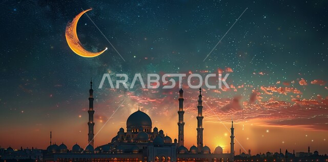 منظر السماء المرصعه بالنجوم مع القمر المضيء ليلا, العبادة والتقرب إلى الله تعالى, زينة الاعياد والمناسبات الدينية, قدوم شهر الخير, رسوم توضيحية ثلاثية الابعاد للمآذن والقبب للمساجد الإسلامية، الديكورات والتصاميم الهندسية المميزة في رمضان المبارك