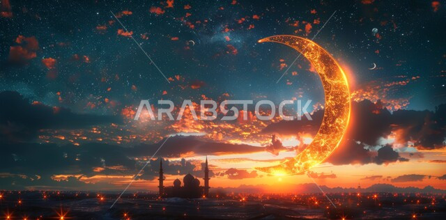 منظر السماء المرصعه بالنجوم مع القمر المضيء ليلا, العبادة والتقرب إلى الله تعالى, زينة الاعياد والمناسبات الدينية, قدوم شهر الخير, رسوم توضيحية ثلاثية الابعاد للمآذن والقبب للمساجد الإسلامية، الديكورات والتصاميم الهندسية المميزة في رمضان المبارك