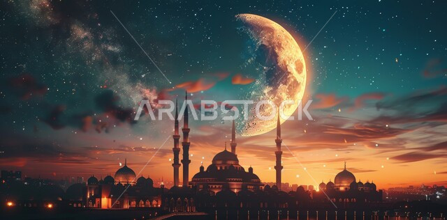 منظر السماء المرصعه بالنجوم مع القمر المضيء ليلا, العبادة والتقرب إلى الله تعالى, زينة الاعياد والمناسبات الدينية, قدوم شهر الخير, رسوم توضيحية ثلاثية الابعاد للمآذن والقبب للمساجد الإسلامية، الديكورات والتصاميم الهندسية المميزة في رمضان المبارك