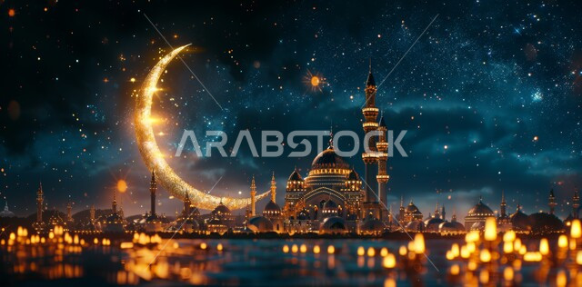 منظر السماء المرصعه بالنجوم مع القمر المضيء ليلا, العبادة والتقرب إلى الله تعالى, زينة الاعياد والمناسبات الدينية, قدوم شهر الخير, رسوم توضيحية ثلاثية الابعاد للمآذن والقبب للمساجد الإسلامية، الديكورات والتصاميم الهندسية المميزة في رمضان المبارك