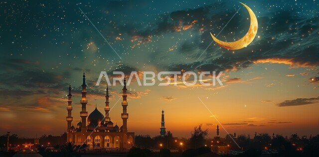 منظر السماء المرصعه بالنجوم مع القمر المضيء ليلا, العبادة والتقرب إلى الله تعالى, زينة الاعياد والمناسبات الدينية, قدوم شهر الخير, رسوم توضيحية ثلاثية الابعاد للمآذن والقبب للمساجد الإسلامية، الديكورات والتصاميم الهندسية المميزة في رمضان المبارك