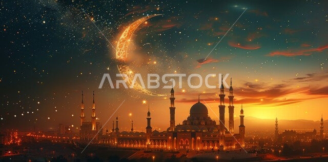 منظر السماء المرصعه بالنجوم مع القمر المضيء ليلا, العبادة والتقرب إلى الله تعالى, زينة الاعياد والمناسبات الدينية, قدوم شهر الخير, رسوم توضيحية ثلاثية الابعاد للمآذن والقبب للمساجد الإسلامية، الديكورات والتصاميم الهندسية المميزة في رمضان المبارك