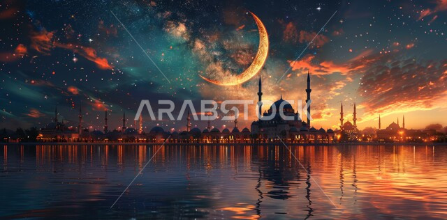 منظر السماء المرصعه بالنجوم مع القمر المضيء ليلا, العبادة والتقرب إلى الله تعالى, زينة الاعياد والمناسبات الدينية, قدوم شهر الخير, رسوم توضيحية ثلاثية الابعاد للمآذن والقبب للمساجد الإسلامية، الديكورات والتصاميم الهندسية المميزة في رمضان المبارك