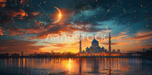 منظر السماء المرصعه بالنجوم مع القمر المضيء ليلا, العبادة والتقرب إلى الله تعالى, زينة الاعياد والمناسبات الدينية, قدوم شهر الخير, رسوم توضيحية ثلاثية الابعاد للمآذن والقبب للمساجد الإسلامية، الديكورات والتصاميم الهندسية المميزة في رمضان المبارك