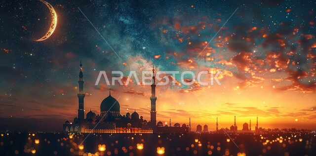 منظر السماء المرصعه بالنجوم مع القمر المضيء ليلا, العبادة والتقرب إلى الله تعالى, زينة الاعياد والمناسبات الدينية, قدوم شهر الخير, رسوم توضيحية ثلاثية الابعاد للمآذن والقبب للمساجد الإسلامية، الديكورات والتصاميم الهندسية المميزة في رمضان المبارك