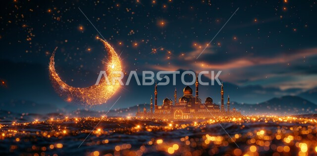 منظر السماء المرصعه بالنجوم مع القمر المضيء ليلا, العبادة والتقرب إلى الله تعالى, زينة الاعياد والمناسبات الدينية, قدوم شهر الخير, رسوم توضيحية ثلاثية الابعاد للمآذن والقبب للمساجد الإسلامية، الديكورات والتصاميم الهندسية المميزة في رمضان المبارك