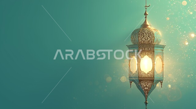 Distinctive antiques and accessories, Ramadan spiritual atmosphere decorations, traditional lanterns to celebrate the arrival of the month of goodness, Islamic religious occasions and holidays, Illustration of an illuminated Arabic lantern hanging, green background