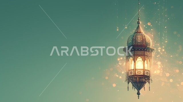  تحف واكسسوارات متميزة، ديكورات الأجواء الرمضانية الروحانية، فوانيس تقليدية للاحتفال بقدوم شهر الخير, المناسبات والأعياد الدينية الإسلامية, رسوم توضيحية لفانوس عربي مزخرف مضيء معلق، خلفية خضراء