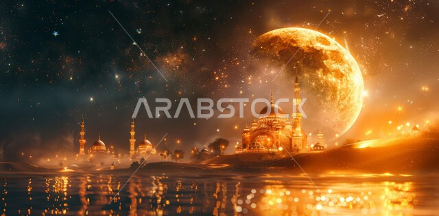 زينة الاعياد والمناسبات الدينية, قدوم شهر الخير, رسوم توضيحية ثلاثية الابعاد للمآذن والقبب للمساجد الإسلامية، الديكورات والتصاميم الهندسية المميزة في رمضان المبارك، العبادة والتقرب إلى الله تعالى, خلفية السماء المرصعه بالنجوم مع القمر المضيء ليلا