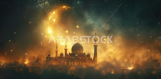 زينة الاعياد والمناسبات الدينية, قدوم شهر الخير, رسوم توضيحية ثلاثية الابعاد للمآذن والقبب للمساجد الإسلامية، الديكورات والتصاميم الهندسية المميزة في رمضان المبارك، العبادة والتقرب إلى الله تعالى, خلفية السماء المرصعه بالنجوم مع القمر المضيء ليلا