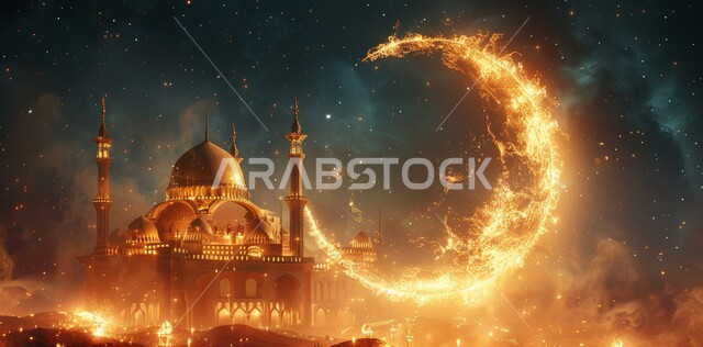 زينة الاعياد والمناسبات الدينية, قدوم شهر الخير, رسوم توضيحية ثلاثية الابعاد للمآذن والقبب للمساجد الإسلامية، الديكورات والتصاميم الهندسية المميزة في رمضان المبارك، العبادة والتقرب إلى الله تعالى, خلفية السماء المرصعه بالنجوم مع القمر المضيء ليلا