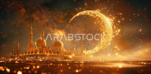 زينة الاعياد والمناسبات الدينية, قدوم شهر الخير, رسوم توضيحية ثلاثية الابعاد للمآذن والقبب للمساجد الإسلامية، الديكورات والتصاميم الهندسية المميزة في رمضان المبارك، العبادة والتقرب إلى الله تعالى, خلفية السماء المرصعه بالنجوم مع القمر المضيء ليلا
