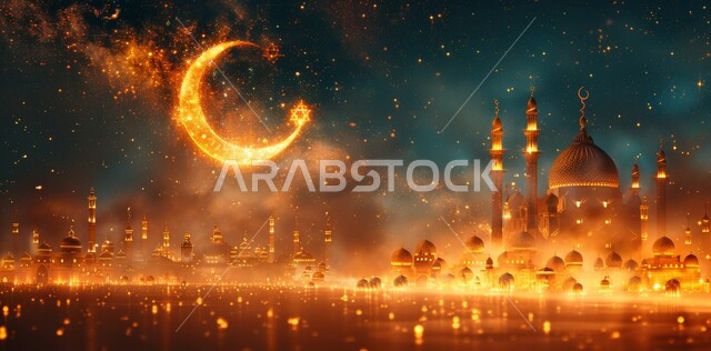 زينة الاعياد والمناسبات الدينية, قدوم شهر الخير, رسوم توضيحية ثلاثية الابعاد للمآذن والقبب للمساجد الإسلامية، الديكورات والتصاميم الهندسية المميزة في رمضان المبارك، العبادة والتقرب إلى الله تعالى, خلفية السماء المرصعه بالنجوم مع القمر المضيء ليلا
