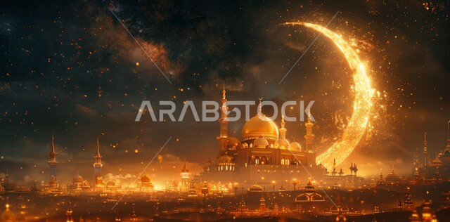 Holiday and religious occasion decorations, the arrival of the month of goodness, 3D illustrations of minarets and domes of Islamic mosques, distinctive decorations and engineering designs in the blessed month of Ramadan, worship and drawing closer to God Almighty, starry sky background with the moon shining at night