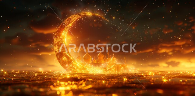 زينة الاعياد والمناسبات الدينية, قدوم شهر الخير, رسوم توضيحية ثلاثية الابعاد للمآذن والقبب للمساجد الإسلامية، الديكورات والتصاميم الهندسية المميزة في رمضان المبارك، العبادة والتقرب إلى الله تعالى, خلفية السماء المرصعه بالنجوم مع القمر المضيء ليلا