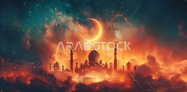 Holiday and religious occasion decorations, the arrival of the month of goodness, 3D illustrations of minarets and domes of Islamic mosques, distinctive decorations and engineering designs in the blessed month of Ramadan, worship and drawing closer to God Almighty, starry sky background with the moon shining at night
