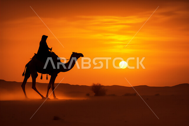 المواصلات ووسائل النقل القديمة، ضوء القمر في السماء، التنقل على حيوان الابل في المملكة العربية السعودية، الصحراء العربيه في وقت الليل، رعايه وتربيه المواشي, صورة ظلية لراعي عربي خليجي سعودي يمتطي الجمل فوق الرمال الذهبية الناعمه، سالوييت