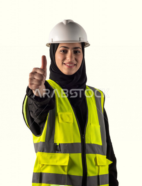 بورتريه لمهندسة معمارية سعودية مسلمة محجبة ، تشير بإصبعها بإيماءات وجه ويدين مختلفة ، مهندسة مسلمة جميلة ترتدي بدلة السلامة في العمل ، خوذة العمل ، لباس رسمي للعمل ، مشروع بناء ، خلفية بيضاء
