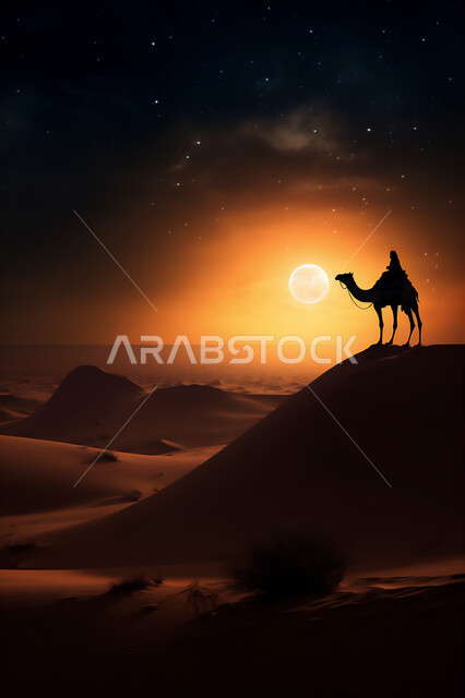 المواصلات ووسائل النقل القديمة، ضوء القمر في السماء، التنقل على حيوان الابل في المملكة العربية السعودية، الصحراء العربيه في وقت الليل، رعايه وتربيه المواشي, صورة ظلية لراعي عربي خليجي سعودي يمتطي الجمل فوق الرمال الذهبية الناعمه، سالوييت