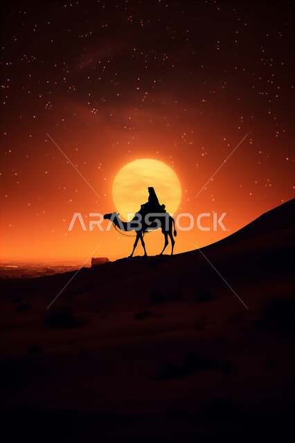 المواصلات ووسائل النقل القديمة، ضوء القمر في السماء، التنقل على حيوان الابل في المملكة العربية السعودية، الصحراء العربيه في وقت الليل، رعايه وتربيه المواشي, صورة ظلية لراعي عربي خليجي سعودي يمتطي الجمل فوق الرمال الذهبية الناعمه، سالوييت