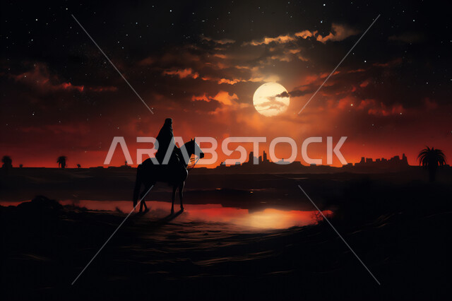 Moonlight in the sky, camel riding in Saudi Arabia, Arabian desert at night, livestock farming, ancient transportation, silhouette of a Saudi Arabian Gulf shepherd walking with a camel on soft golden sand, Salouet