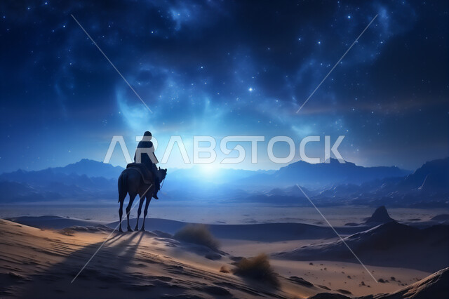 Transportation and ancient means of transport, moonlight in the sky, livestock breeding and care, silhouette of a Saudi Arabian Gulf shepherd riding a camel over soft golden sand, Arabian desert at night, concept of traveling on camels in Saudi Arabia, Saluit
