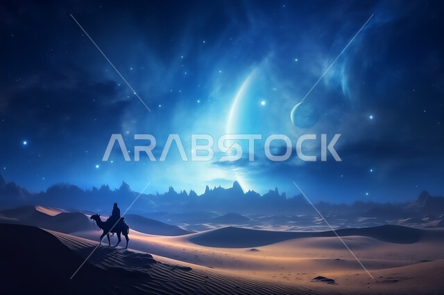 المواصلات ووسائل النقل القديمة، ضوء القمر في السماء، تربيه ورعايه المواشي, صورة ظلية لراعي عربي خليجي سعودي يمتطي الجمل فوق الرمال الذهبية الناعمه، الصحراء العربيه في وقت الليل، مفهوم السفرعلى حيوان الابل في المملكة العربية السعودية، سالوييت