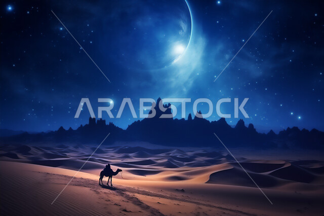 Transportation and ancient means of transport, moonlight in the sky, livestock breeding and care, silhouette of a Saudi Arabian Gulf shepherd riding a camel over soft golden sand, Arabian desert at night, concept of traveling on camels in Saudi Arabia, Saluit