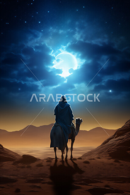 المواصلات ووسائل النقل القديمة، ضوء القمر في السماء، تربيه ورعايه المواشي, صورة ظلية لراعي عربي خليجي سعودي يمتطي الجمل فوق الرمال الذهبية الناعمه، الصحراء العربيه في وقت الليل، مفهوم السفرعلى حيوان الابل في المملكة العربية السعودية، سالوييت