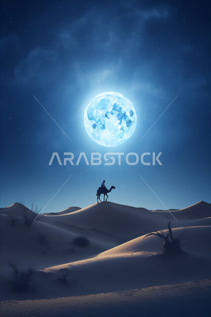 Transportation and ancient means of transport, moonlight in the sky, livestock breeding and care, silhouette of a Saudi Arabian Gulf shepherd riding a camel over soft golden sand, Arabian desert at night, concept of traveling on camels in Saudi Arabia, Saluit