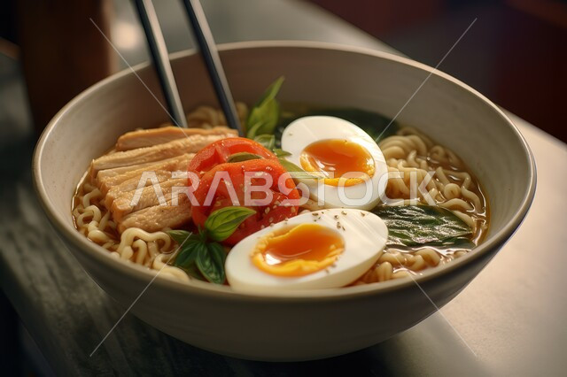 Bowl of noodles with boiled eggs and fresh vegetables, plate of spaghetti garnished with green herbs, delicious pasta meal, fast food and snacks