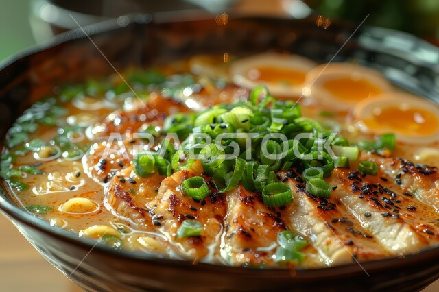 Bowl of noodles with boiled eggs and fresh vegetables, plate of spaghetti garnished with green herbs, delicious pasta meal, fast food and snacks