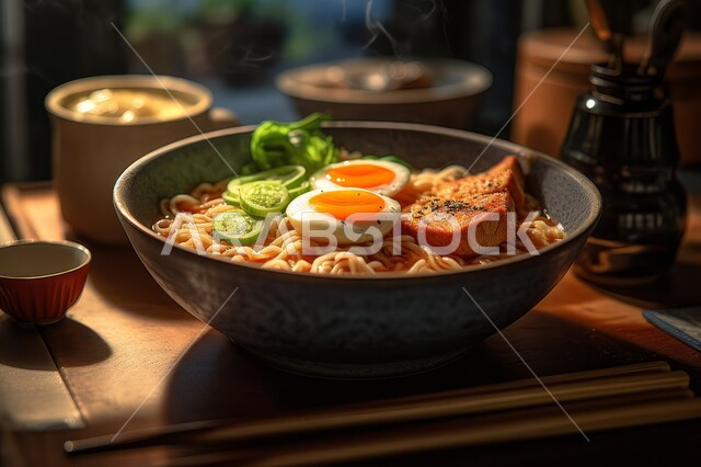 Fast food and snacks, a bowl of noodles with boiled eggs and fresh vegetables, a plate of spaghetti garnished with green herbs, a delicious pasta meal