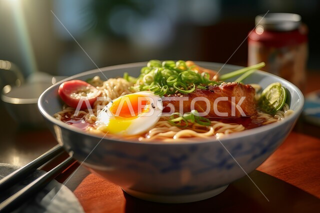  الأطعمة والمأكولات السريعة، وعاء نودلز مع البيض المسلوق وأصناف الخضار الطازجة، طبق من معكرونة السباغيتي مزين بالأعشاب الخضراء، وجبة من الباستا الشهية