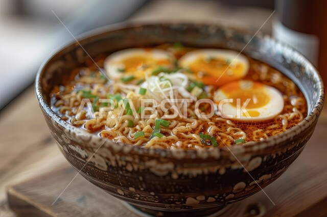  الأطعمة والمأكولات السريعة، وعاء نودلز مع البيض المسلوق وأصناف الخضار الطازجة، طبق من معكرونة السباغيتي مزين بالأعشاب الخضراء، وجبة من الباستا الشهية