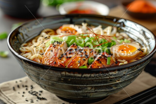  الأطعمة والمأكولات السريعة، وعاء نودلز مع البيض المسلوق وأصناف الخضار الطازجة، طبق من معكرونة السباغيتي مزين بالأعشاب الخضراء، وجبة من الباستا الشهية