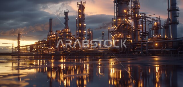 مستودعات وخزانات كبيرة وضخمة، إضاءة الأبراج والهياكل المعدنية في وقت الليل, مصانع ومعامل النفط في المملكة العربية السعودية, مفهوم هندسة البترول في دول الخليج, مصفاة تكرير النفط والغاز, صناعات ومشاريع بتروكيماوية، النهضة بالاقتصاد الوطني السعودي