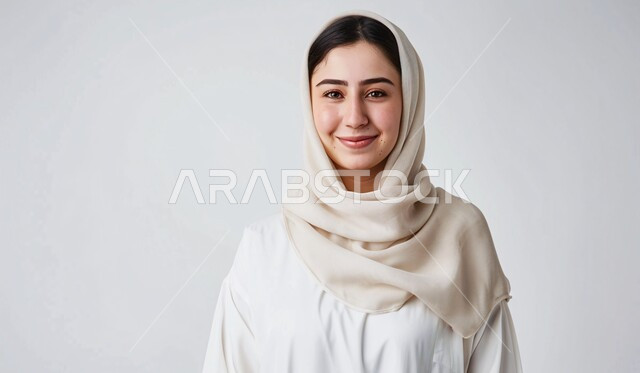 أزياء محجبات عصرية حديثة، الاهتمام بالأناقة والمظهر الخارجي، مفهوم النعومة و الأنوثة، بورتريه مقرب لإمرأة عربيه خليجيه سعودية مبتسمة ترتدي الحجاب تنظر إلى الكاميرا بإيماءات الثقه بالنفس، خلفية بيضاء