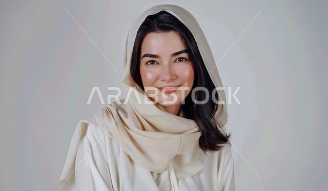 A beautiful woman in a white hijab radiating confidence and grace