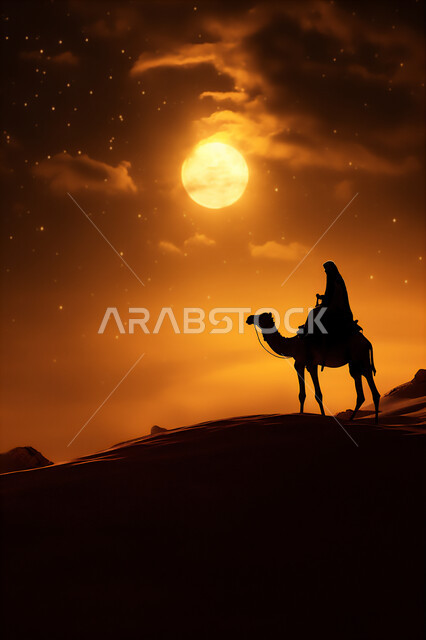 المواصلات ووسائل النقل القديمة، ضوء القمر في السماء، التنقل على حيوان الابل في المملكة العربية السعودية، الصحراء العربيه في وقت الليل، رعايه وتربيه المواشي, صورة ظلية لراعي عربي خليجي سعودي يمتطي الجمل فوق الرمال الذهبية الناعمه، سالوييت