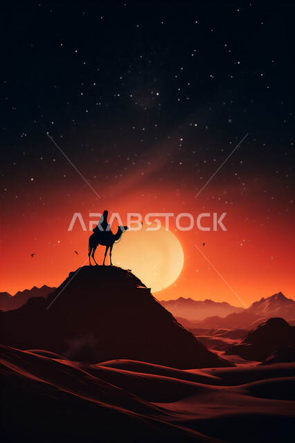 المواصلات ووسائل النقل القديمة، ضوء القمر في السماء، التنقل على حيوان الابل في المملكة العربية السعودية، الصحراء العربيه في وقت الليل، رعايه وتربيه المواشي, صورة ظلية لراعي عربي خليجي سعودي يمتطي الجمل فوق الرمال الذهبية الناعمه، سالوييت