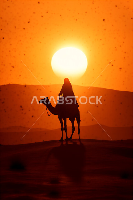المواصلات ووسائل النقل القديمة، ضوء القمر في السماء، التنقل على حيوان الابل في المملكة العربية السعودية، الصحراء العربيه في وقت الليل، رعايه وتربيه المواشي, صورة ظلية لراعي عربي خليجي سعودي يمتطي الجمل فوق الرمال الذهبية الناعمه، سالوييت