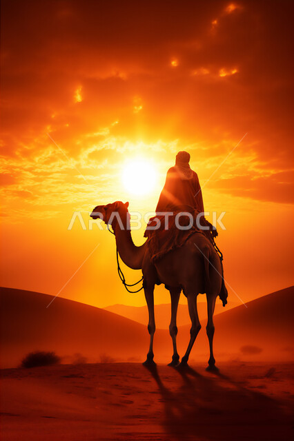 المواصلات ووسائل النقل القديمة، ضوء القمر في السماء، التنقل على حيوان الابل في المملكة العربية السعودية، الصحراء العربيه في وقت الليل، رعايه وتربيه المواشي, صورة ظلية لراعي عربي خليجي سعودي يمتطي الجمل فوق الرمال الذهبية الناعمه، سالوييت