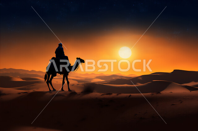 المواصلات ووسائل النقل القديمة، ضوء القمر في السماء، التنقل على حيوان الابل في المملكة العربية السعودية، الصحراء العربيه في وقت الليل، رعايه وتربيه المواشي, صورة ظلية لراعي عربي خليجي سعودي يمتطي الجمل فوق الرمال الذهبية الناعمه، سالوييت